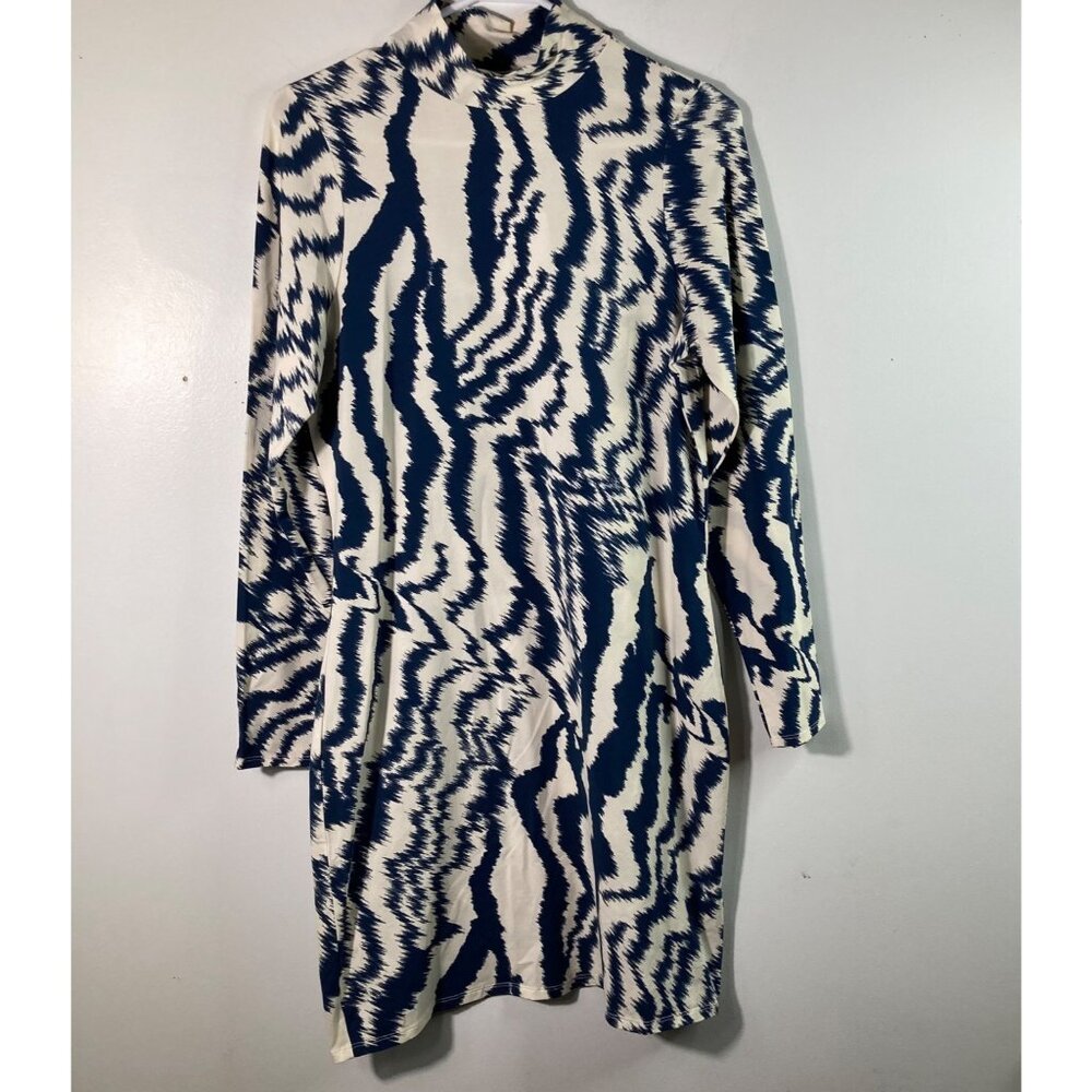 Ted Baker Mock Neck Jersey Printed Dress 12 Cream Blue NWT Cotton‎ Elastane